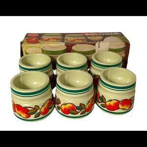 6 Vintage 1970’s Emsa West Germany Plastic Egg Cups W Box Set EUC Peach Pattern.